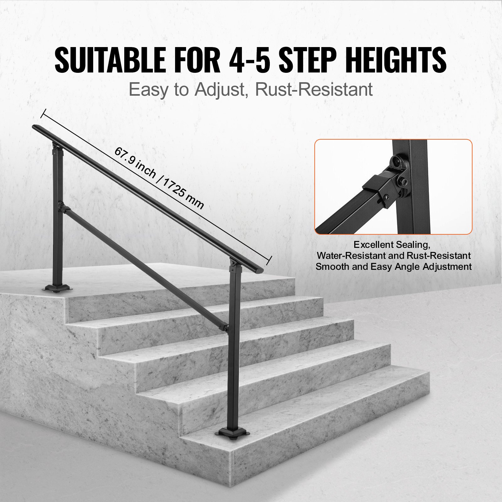 Barandilla de escalera exterior VEVOR, apta para escaleras de 0 a 5 peldaños, pasamanos de hierro forjado de estilo transicional, barandilla de escalera exterior ajustable, pasamanos para escalones de hormigón con kit de instalación, pasamanos exterior negro mate.