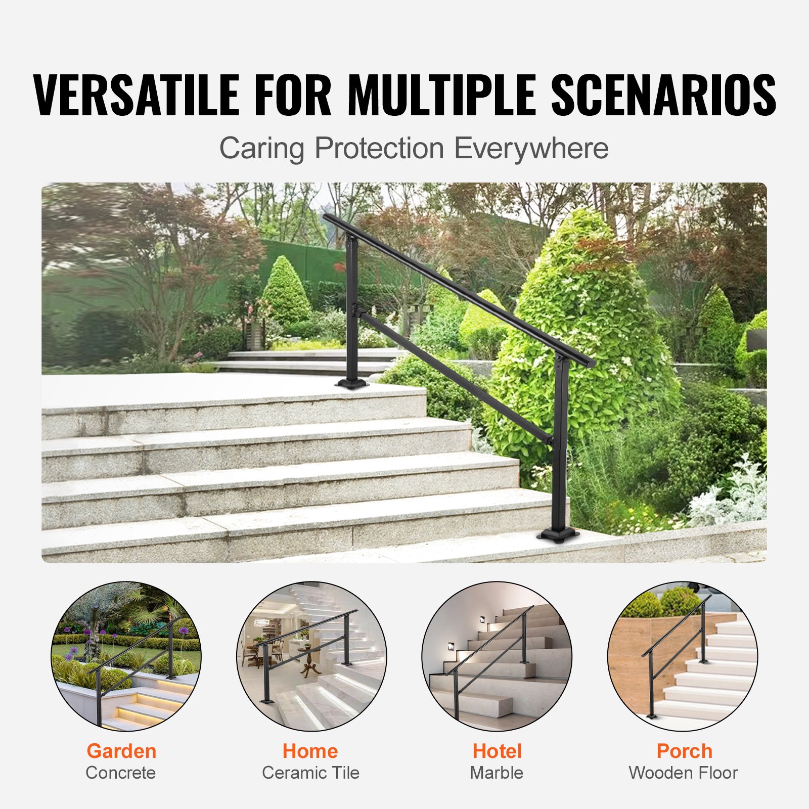 Barandilla de escalera exterior VEVOR, apta para escaleras de 0 a 5 peldaños, pasamanos de hierro forjado de estilo transicional, barandilla de escalera exterior ajustable, pasamanos para escalones de hormigón con kit de instalación, pasamanos exterior negro mate.