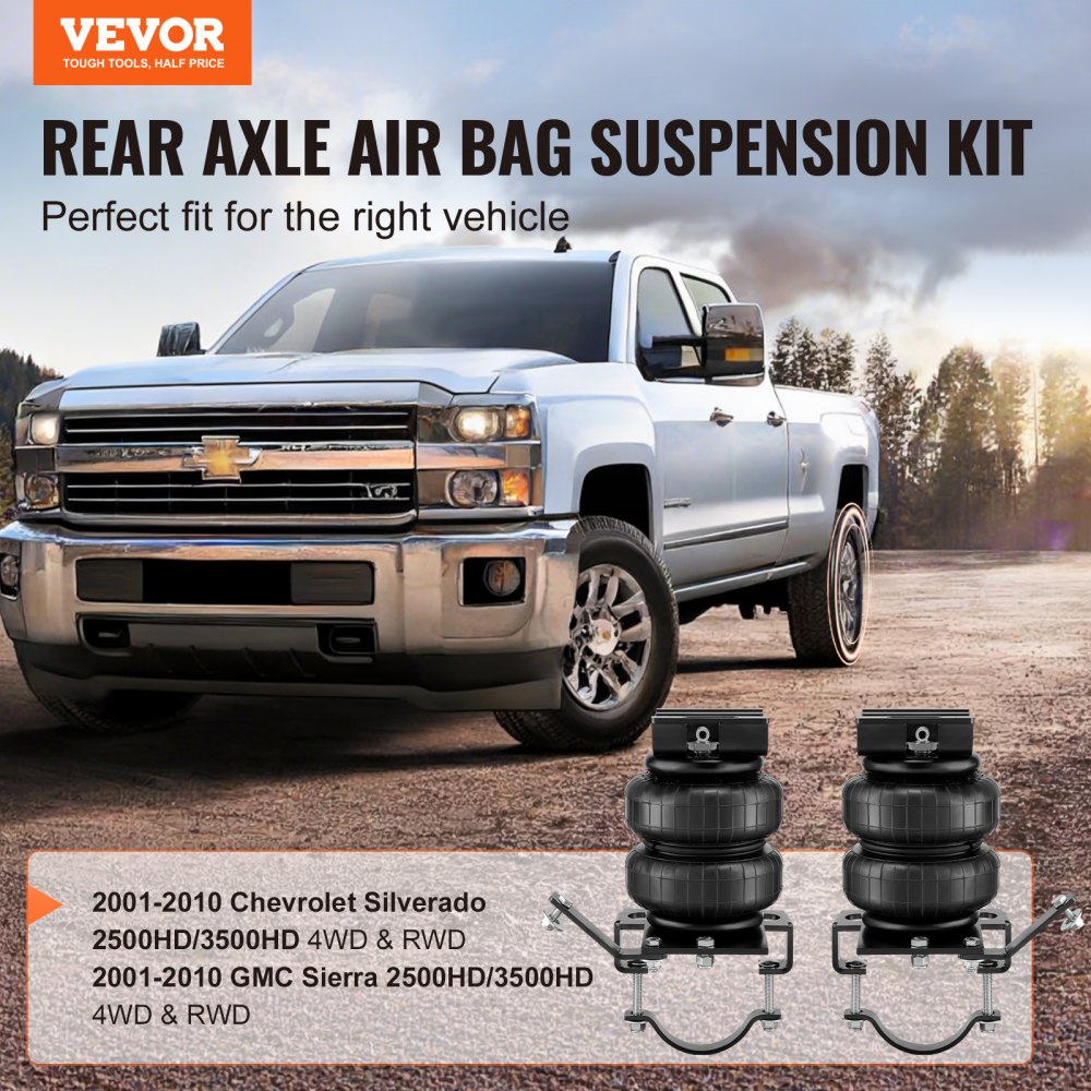 Kit de suspensión neumática VEVOR, kit de suspensión neumática compatible con Chevrolet Silverado 2500/3500HD y GMC Sierra 2500/3500HD 4WD RWD de 2001 a 2010, carga de 5000 lbs, de 5 a 100 PSI.