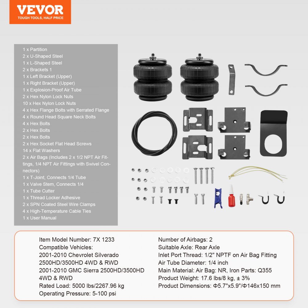 Kit de suspensión neumática VEVOR, kit de suspensión neumática compatible con Chevrolet Silverado 2500/3500HD y GMC Sierra 2500/3500HD 4WD RWD de 2001 a 2010, carga de 5000 lbs, de 5 a 100 PSI.