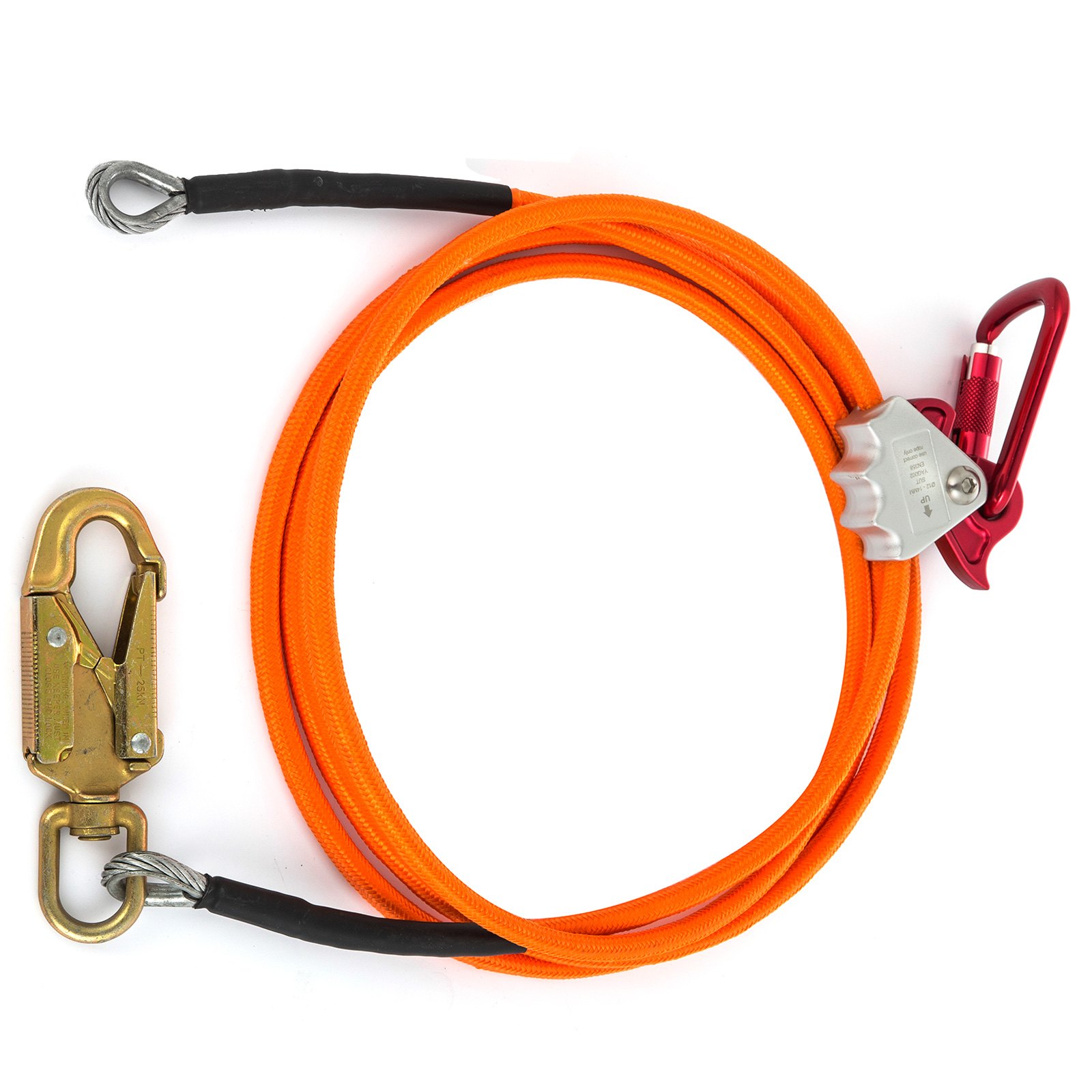 Kit de cordón con núcleo de acero VEVOR de color naranja brillante con mosquetón rojo y gancho dorado.