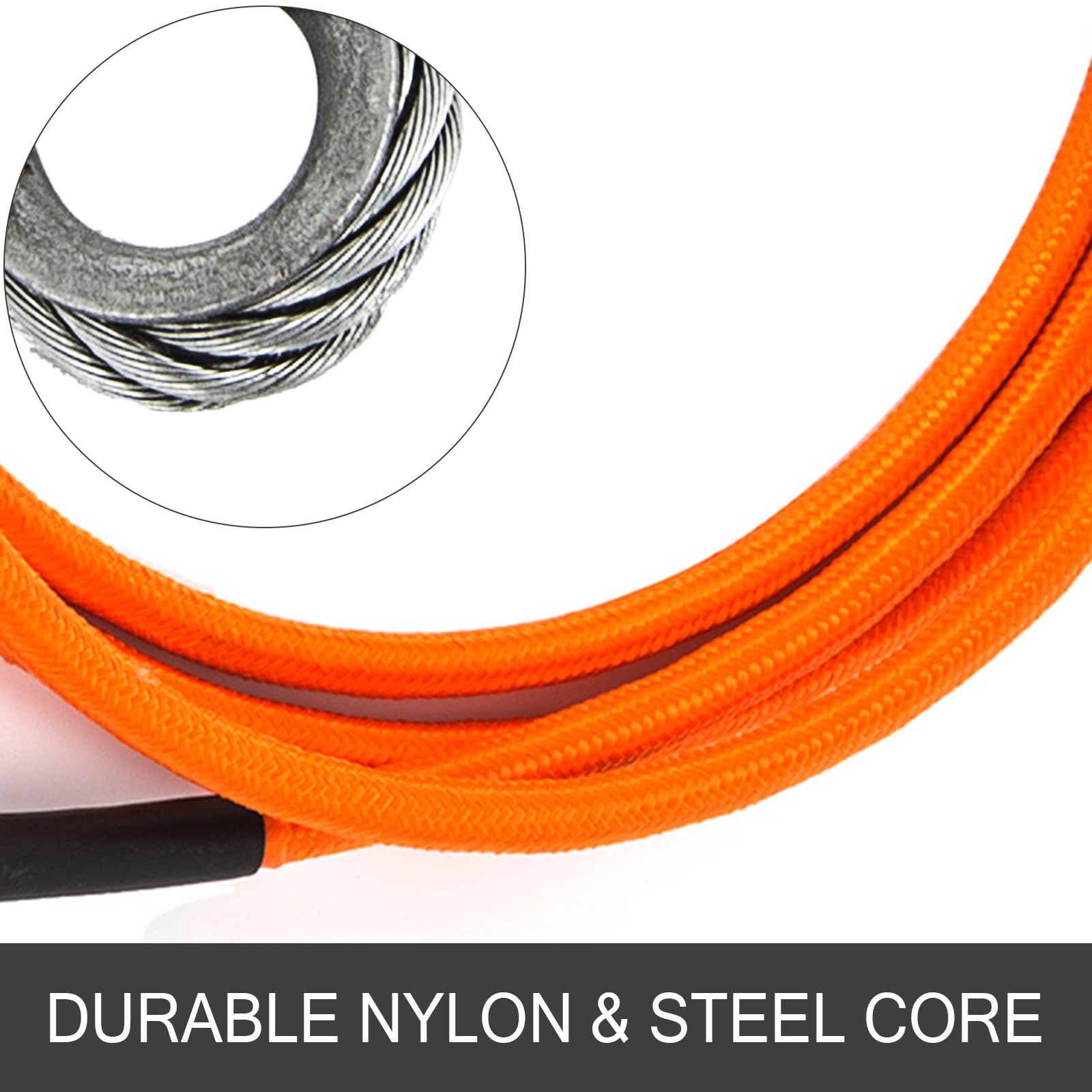 Cordón con núcleo de acero VEVOR naranja con revestimiento de nailon duradero, que muestra detalles de núcleo de acero.