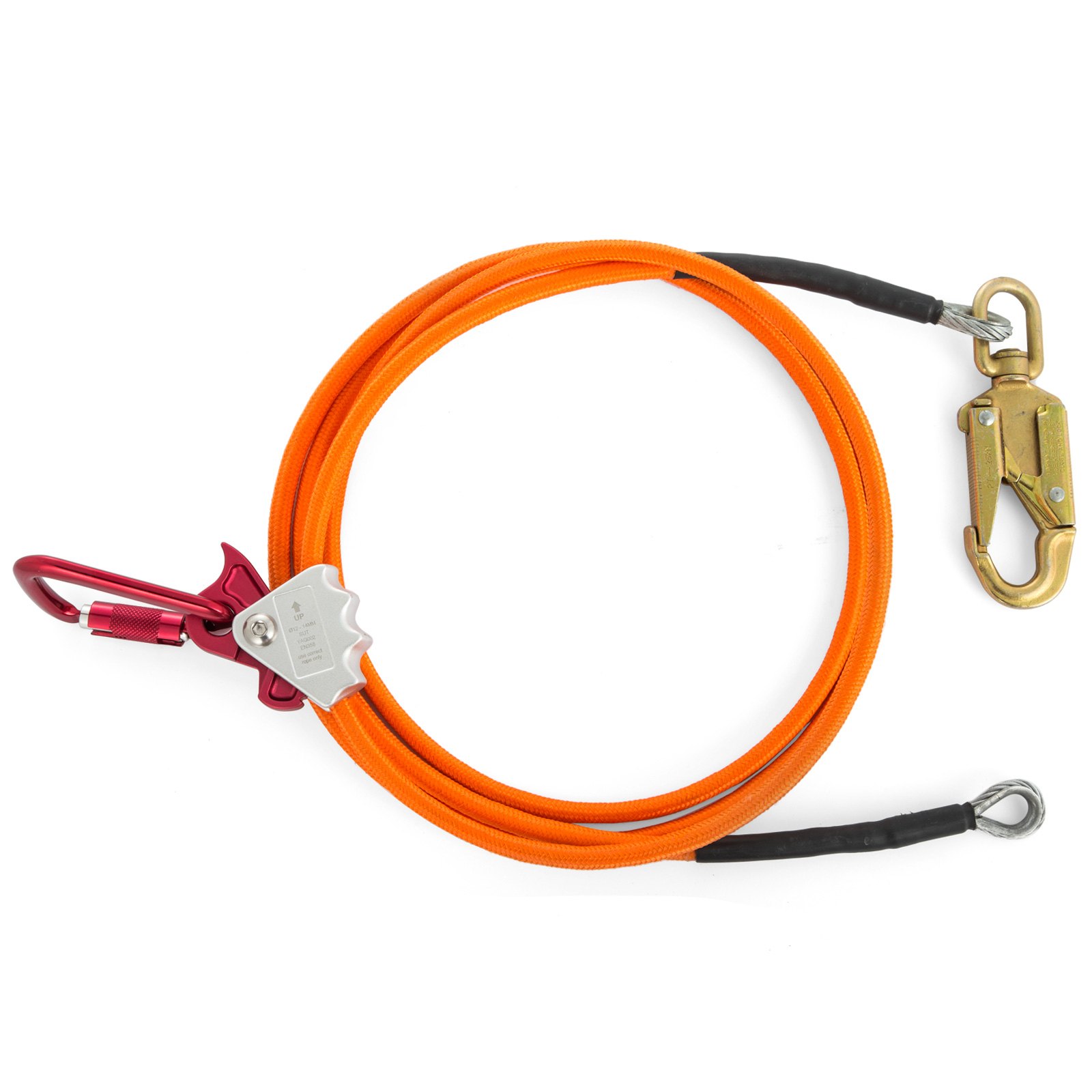 Kit de cordón con núcleo de acero VEVOR con cuerda naranja, ganchos de seguridad y mosquetón rojo.