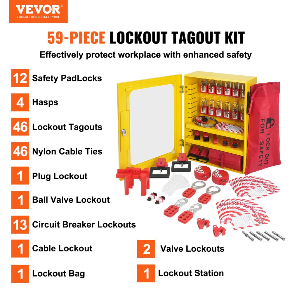 Kit de bloqueo y etiquetado eléctrico VEVOR, 59 piezas. Estación de bloqueo y etiquetado de seguridad con candados, cerrojos, etiquetas, bridas, bloqueo de enchufes, bloqueo de disyuntores, bloqueo de válvulas, bloqueo de cables, bolsa de bloqueo y caja.