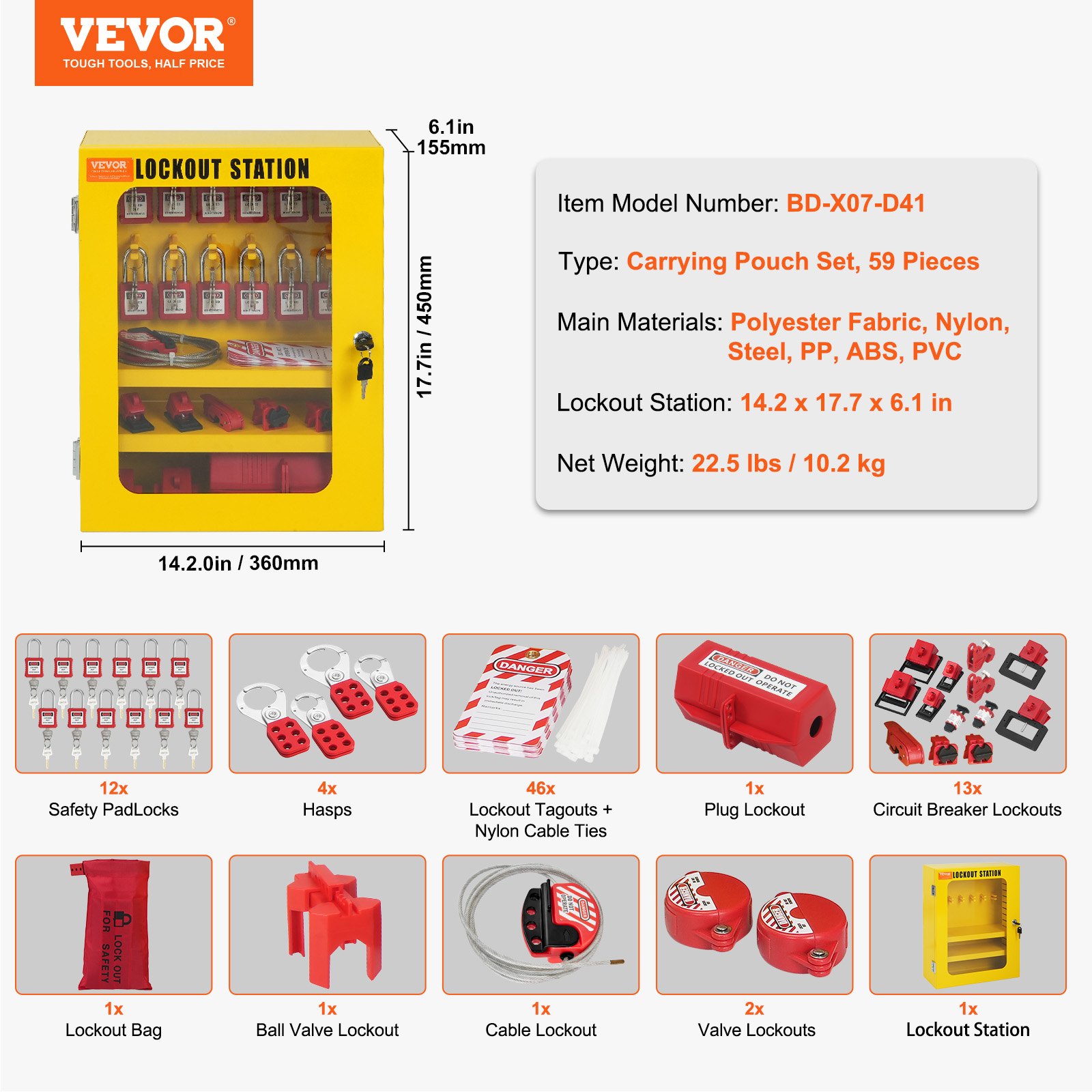 Kit de bloqueo y etiquetado eléctrico VEVOR, 59 piezas. Estación de bloqueo y etiquetado de seguridad con candados, cerrojos, etiquetas, bridas, bloqueo de enchufes, bloqueo de disyuntores, bloqueo de válvulas, bloqueo de cables, bolsa de bloqueo y caja.