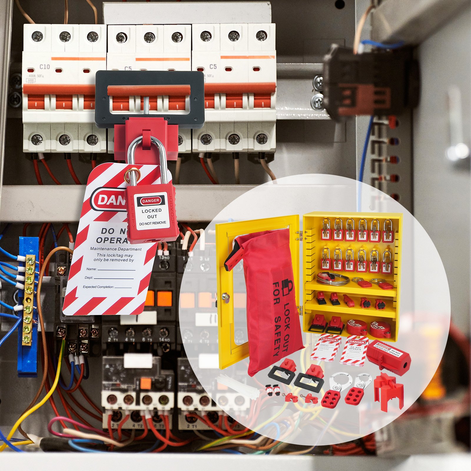 Kit de bloqueo y etiquetado eléctrico VEVOR, 59 piezas. Estación de bloqueo y etiquetado de seguridad con candados, cerrojos, etiquetas, bridas, bloqueo de enchufes, bloqueo de disyuntores, bloqueo de válvulas, bloqueo de cables, bolsa de bloqueo y caja.