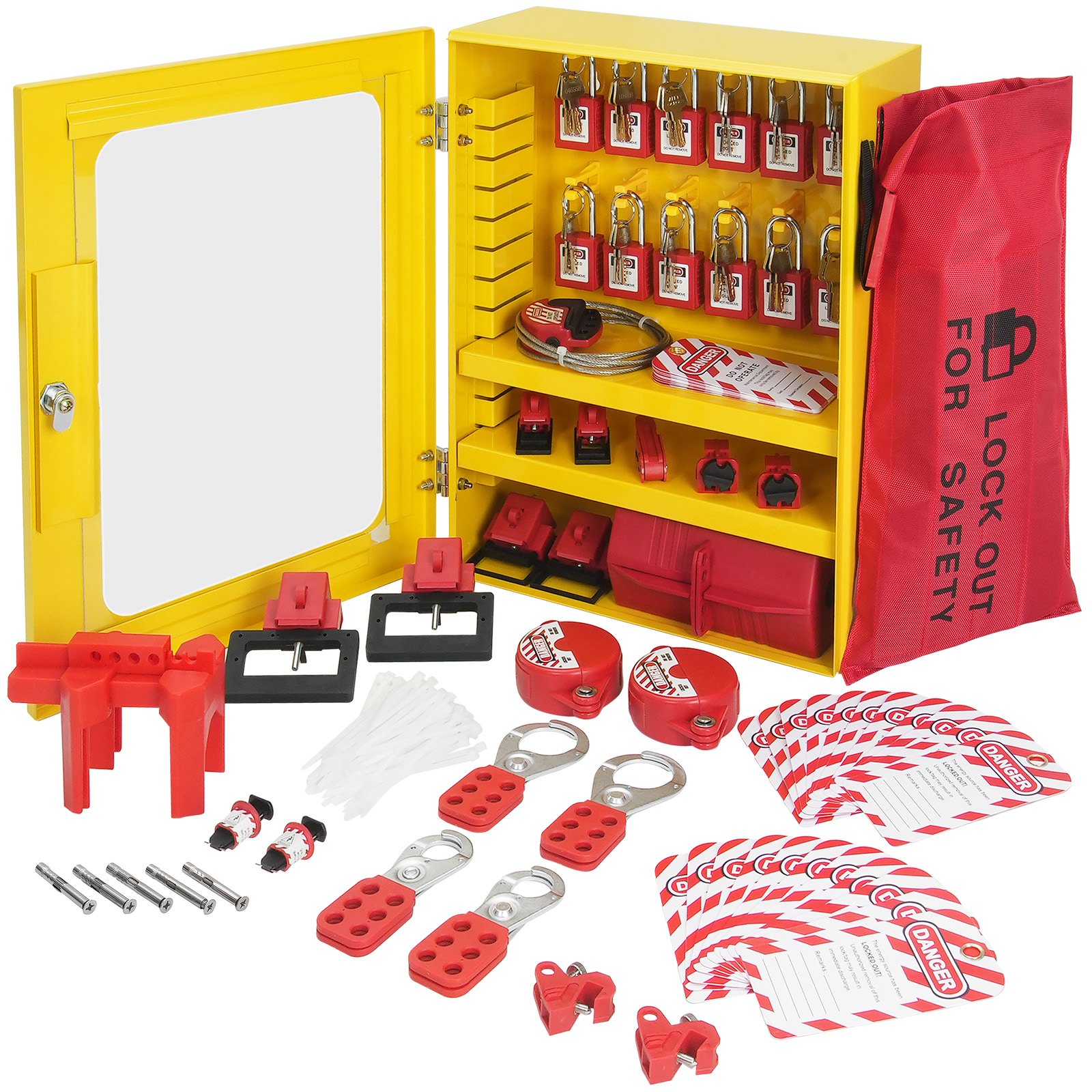 Kit de bloqueo y etiquetado eléctrico VEVOR, 59 piezas. Estación de bloqueo y etiquetado de seguridad con candados, cerrojos, etiquetas, bridas, bloqueo de enchufes, bloqueo de disyuntores, bloqueo de válvulas, bloqueo de cables, bolsa de bloqueo y caja.
