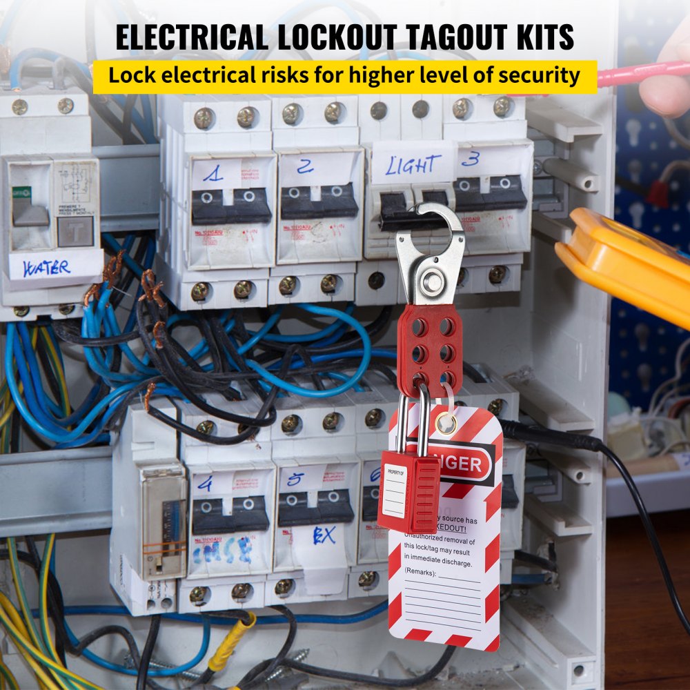 Panel eléctrico con kit de bloqueo y etiquetado VEVOR que asegura los disyuntores para una mayor seguridad.