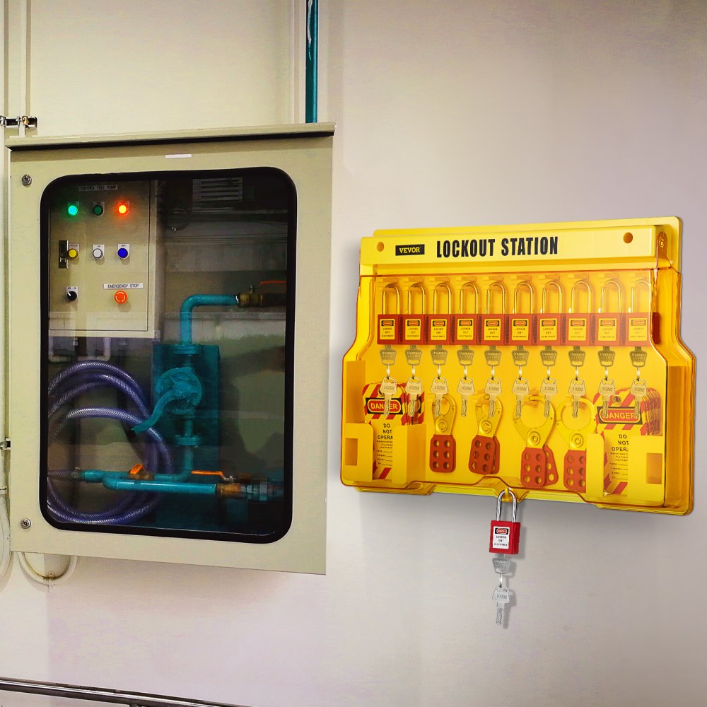 Kit de bloqueo y etiquetado VEVOR montado junto a un panel de control con cables e interruptores de colores.