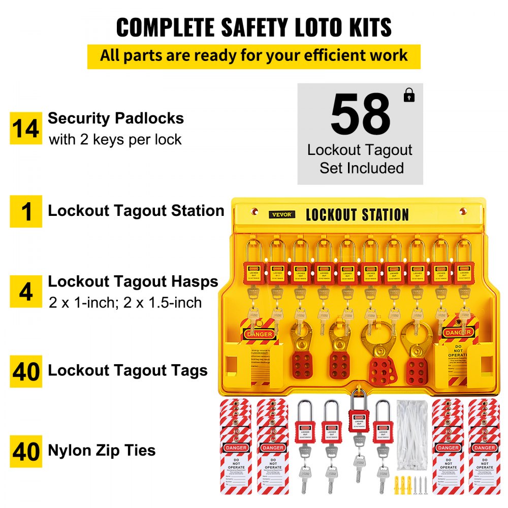 Kits de bloqueo y etiquetado VEVOR de 58 piezas. El kit de seguridad eléctrica Loto incluye candados, estación de bloqueo, cerrojo, etiquetas y bridas. Herramientas de seguridad para bloqueo y etiquetado en industria, energía eléctrica y maquinaria.