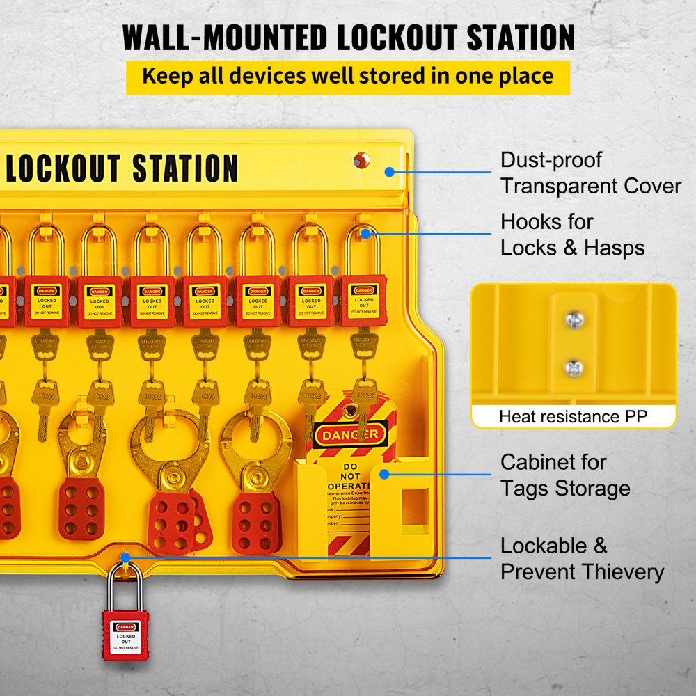 Kits de bloqueo y etiquetado VEVOR de 58 piezas. El kit de seguridad eléctrica Loto incluye candados, estación de bloqueo, cerrojo, etiquetas y bridas. Herramientas de seguridad para bloqueo y etiquetado en industria, energía eléctrica y maquinaria.