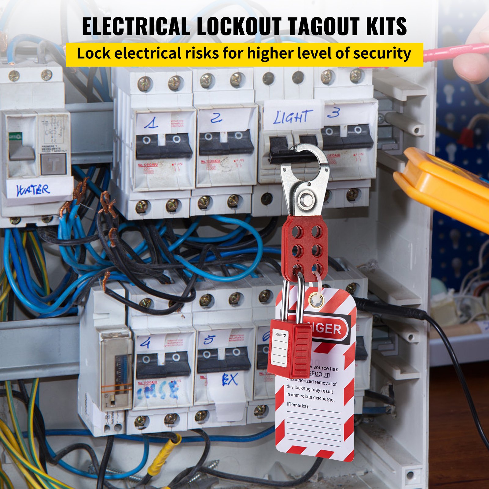 Panel eléctrico con kit de bloqueo y etiquetado VEVOR que asegura los disyuntores para una mayor seguridad.