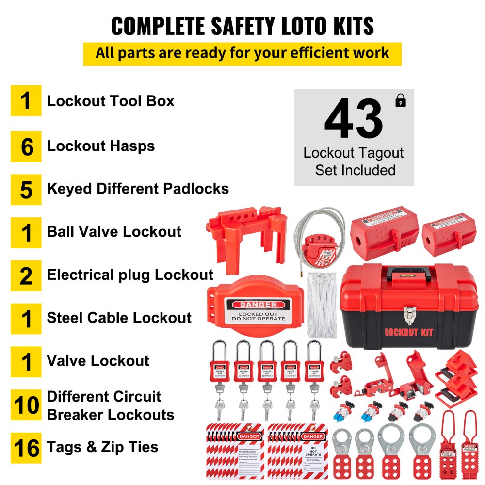 Kits de bloqueo y etiquetado VEVOR de 43 piezas. El kit de seguridad eléctrica Loto incluye candados, 5 tipos de bloqueos, cerrojos, etiquetas y bridas, caja. Herramientas de seguridad para la eliminación de riesgos eléctricos en maquinaria industrial.