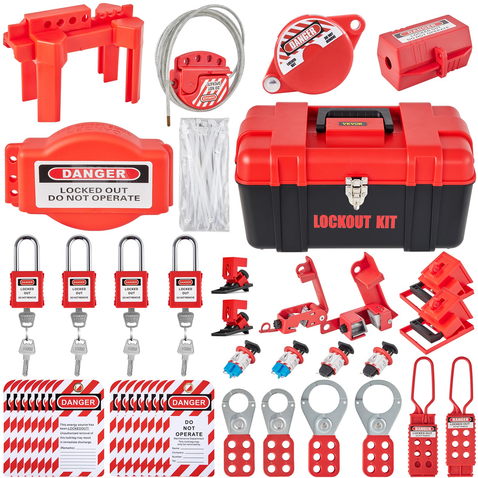 Kits de bloqueo y etiquetado VEVOR de 42 piezas, kit de seguridad eléctrica Loto que incluye candados, 5 tipos de bloqueos, cerrojos, etiquetas y bridas, caja, herramientas de seguridad de bloqueo para la eliminación de riesgos eléctricos en maquinaria industrial.