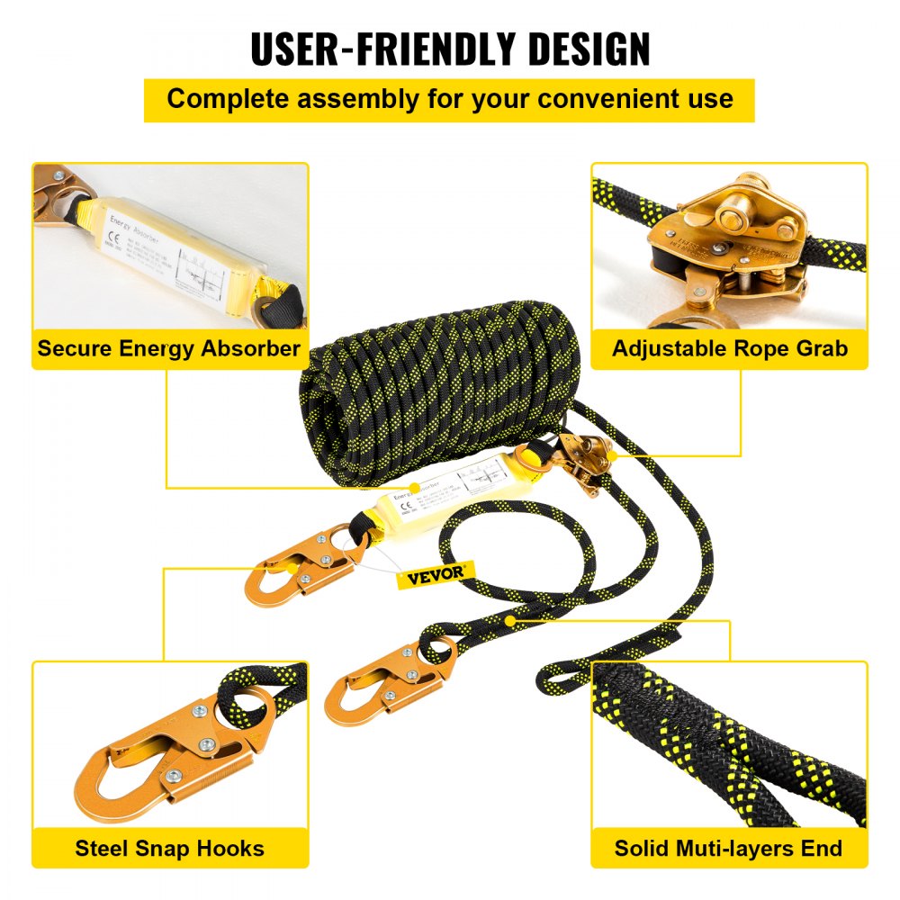 Cuerda de protección contra caídas VEVOR con absorbedor de energía seguro, ganchos de seguridad de acero y pinza de cuerda.