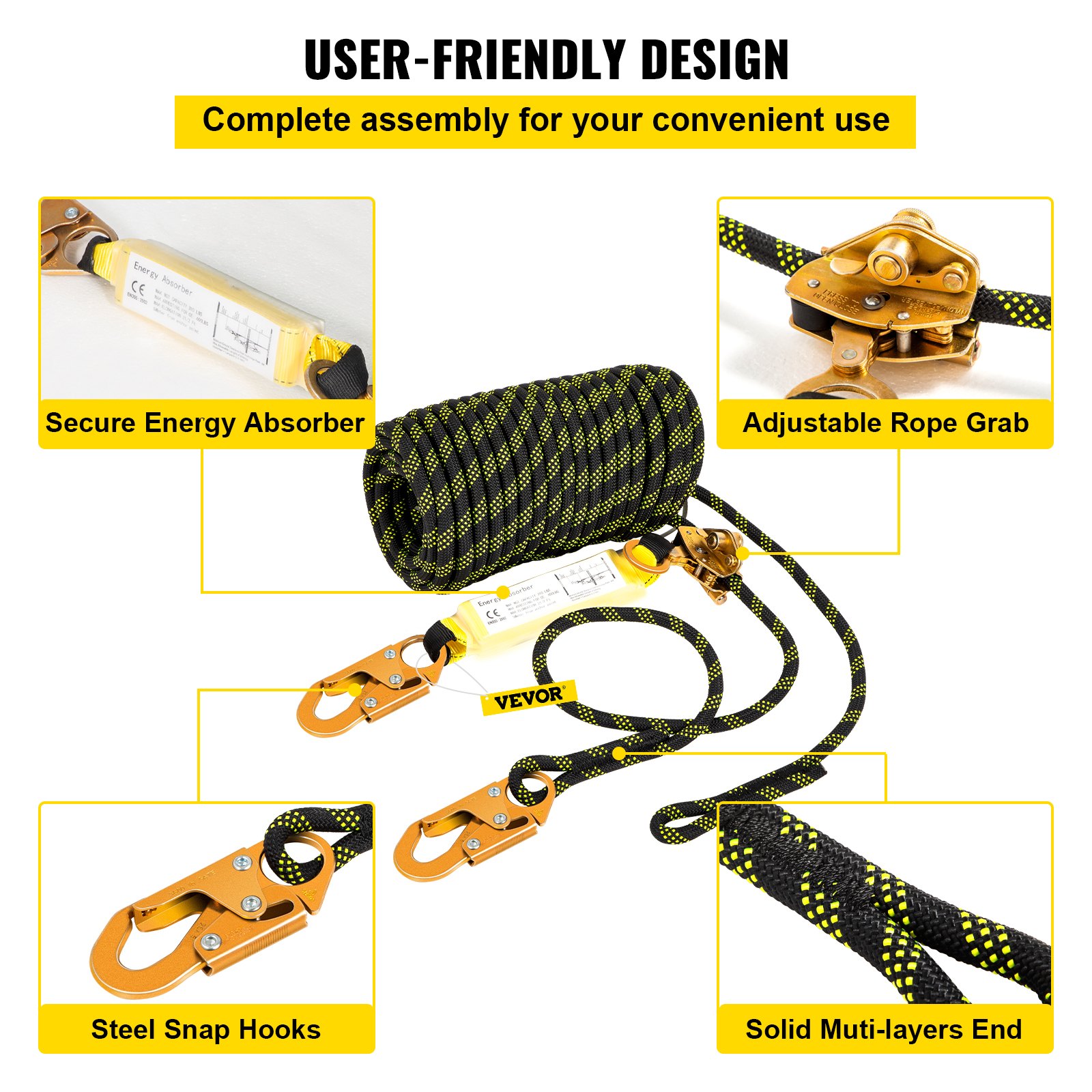 Cuerda de protección contra caídas VEVOR con absorbedor de energía seguro, ganchos de seguridad de acero y pinza de cuerda.
