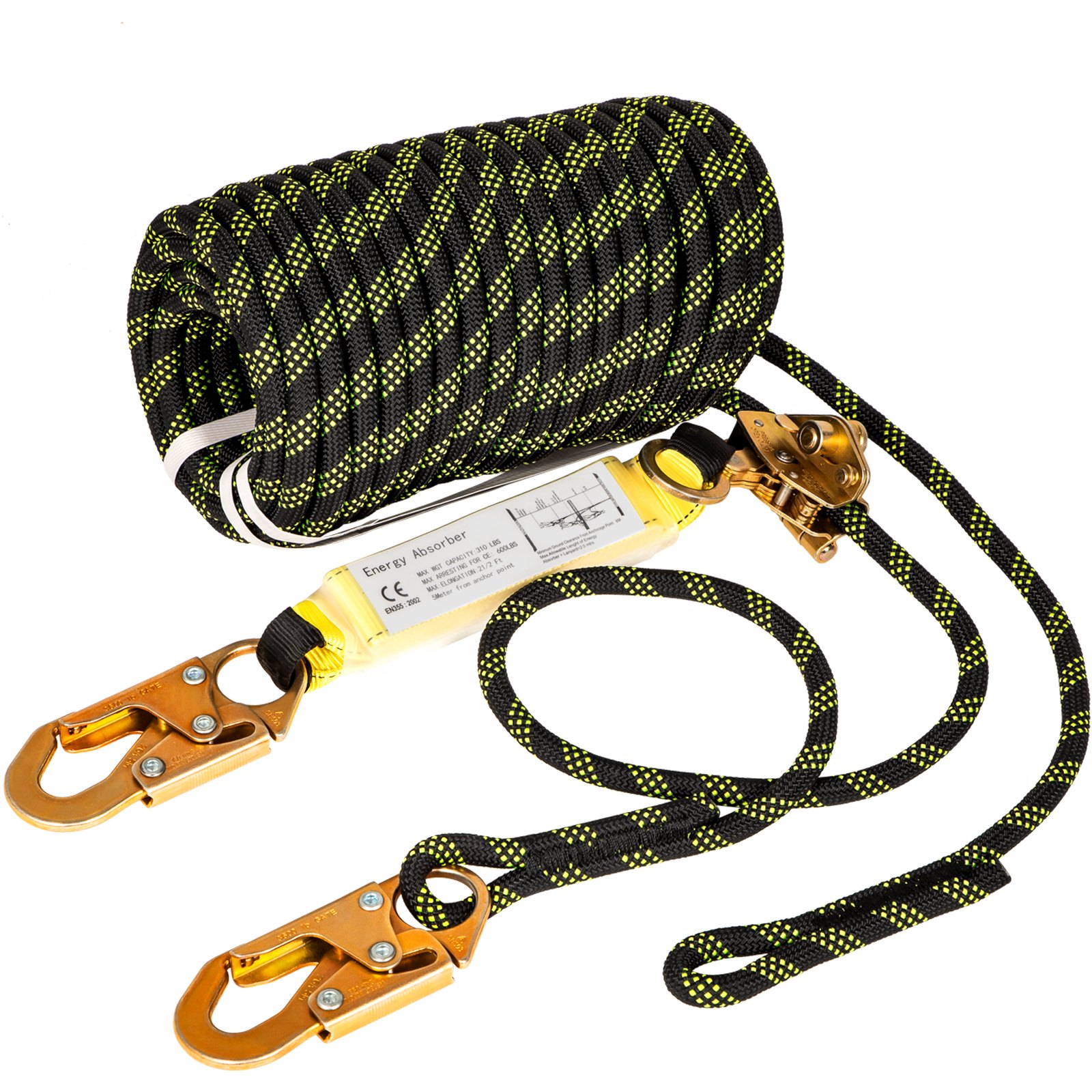 Cuerda de protección contra caídas VEVOR negra y amarilla con clips de seguridad y absorbedor de energía.