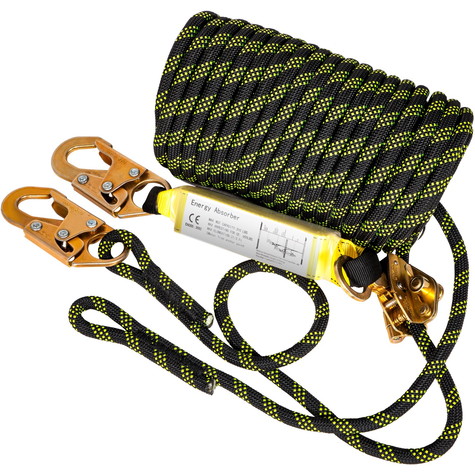 Cuerda anticaídas VEVOR con absorbedor de energía y mosquetones dobles en color negro y amarillo.