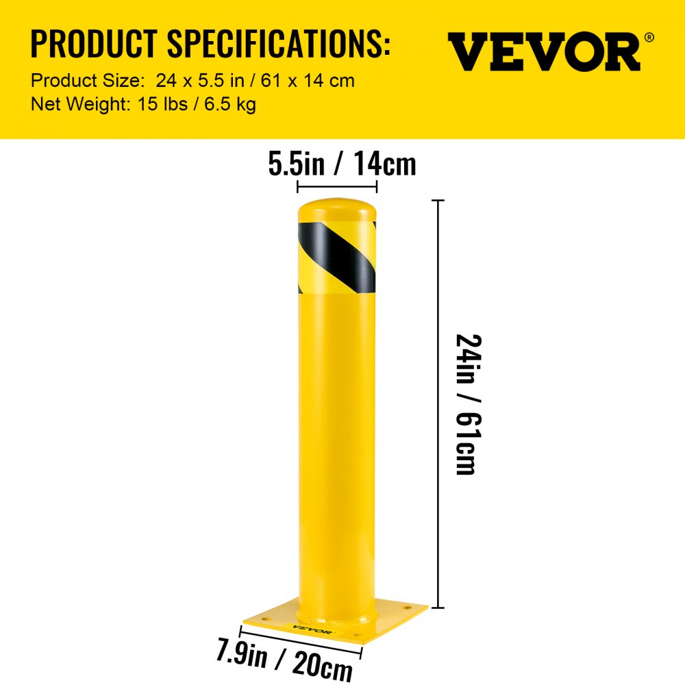 Bolardo de seguridad VEVOR de 61 x 14 cm, bolardo de seguridad de 14 cm de diámetro exterior y 61 cm de altura. Barrera de seguridad de acero con recubrimiento en polvo amarillo, con 4 pernos de anclaje gratuitos para zonas con tráfico intenso.