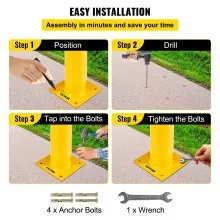 Bolardo de seguridad VEVOR 24-5.5 Bolardo de barrera de seguridad 5-1/2" OD 24" Altura Barrera de seguridad de acero con revestimiento de polvo amarillo con 4 pernos de anclaje libres para áreas sensibles al tráfico