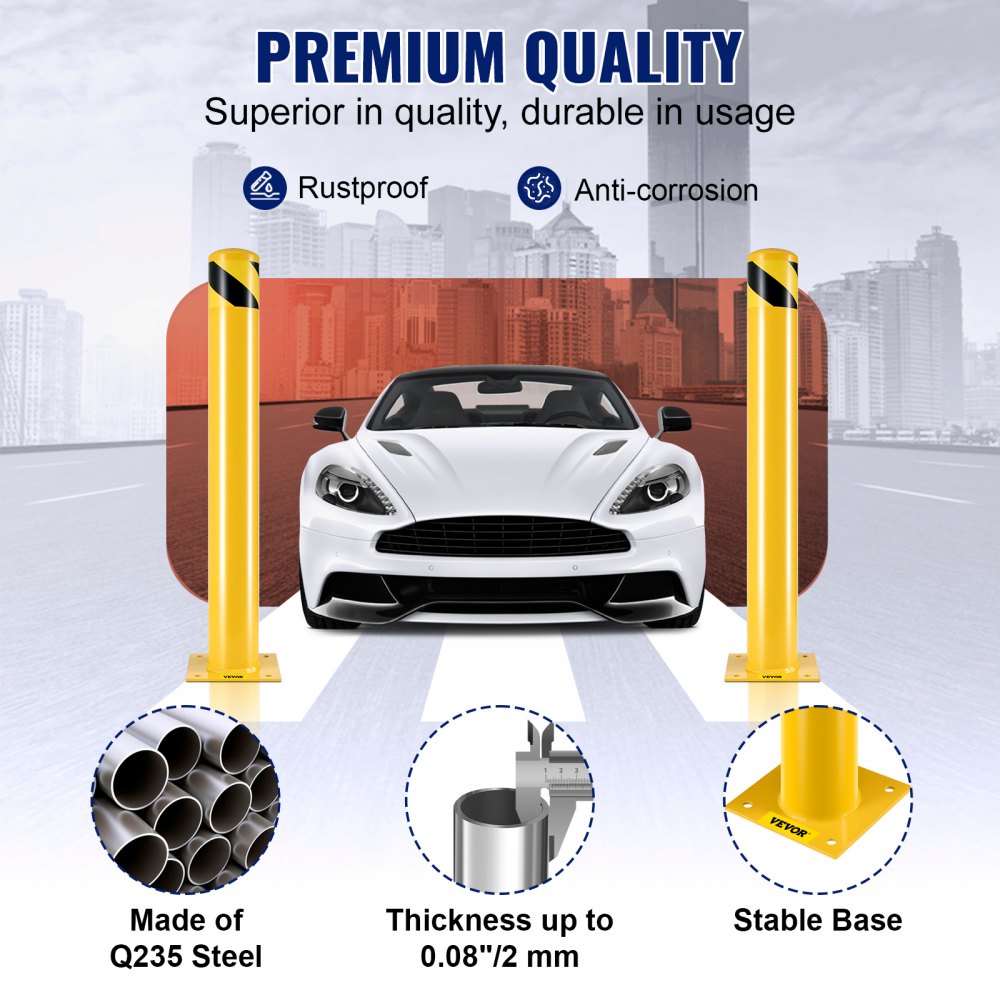 Bolardo de seguridad VEVOR, bolardo de seguridad de 4-1/2" de diámetro exterior y 36" de altura, con revestimiento de polvo amarillo, con 4 pernos de anclaje gratuitos para zonas con tráfico intenso.