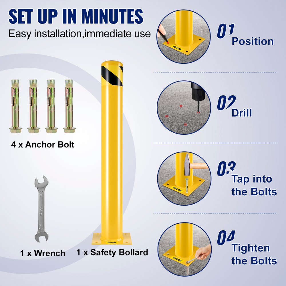 Bolardo de seguridad VEVOR, bolardo de seguridad de 4-1/2" de diámetro exterior y 36" de altura, con revestimiento de polvo amarillo, con 4 pernos de anclaje gratuitos para zonas con tráfico intenso.