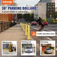Bolardo de seguridad VEVOR 36-4.5 Bolardo de barrera de seguridad 4-1/2" OD 36" Altura Barrera de seguridad de acero con revestimiento de polvo amarillo con 4 pernos de anclaje libres para áreas sensibles al tráfico