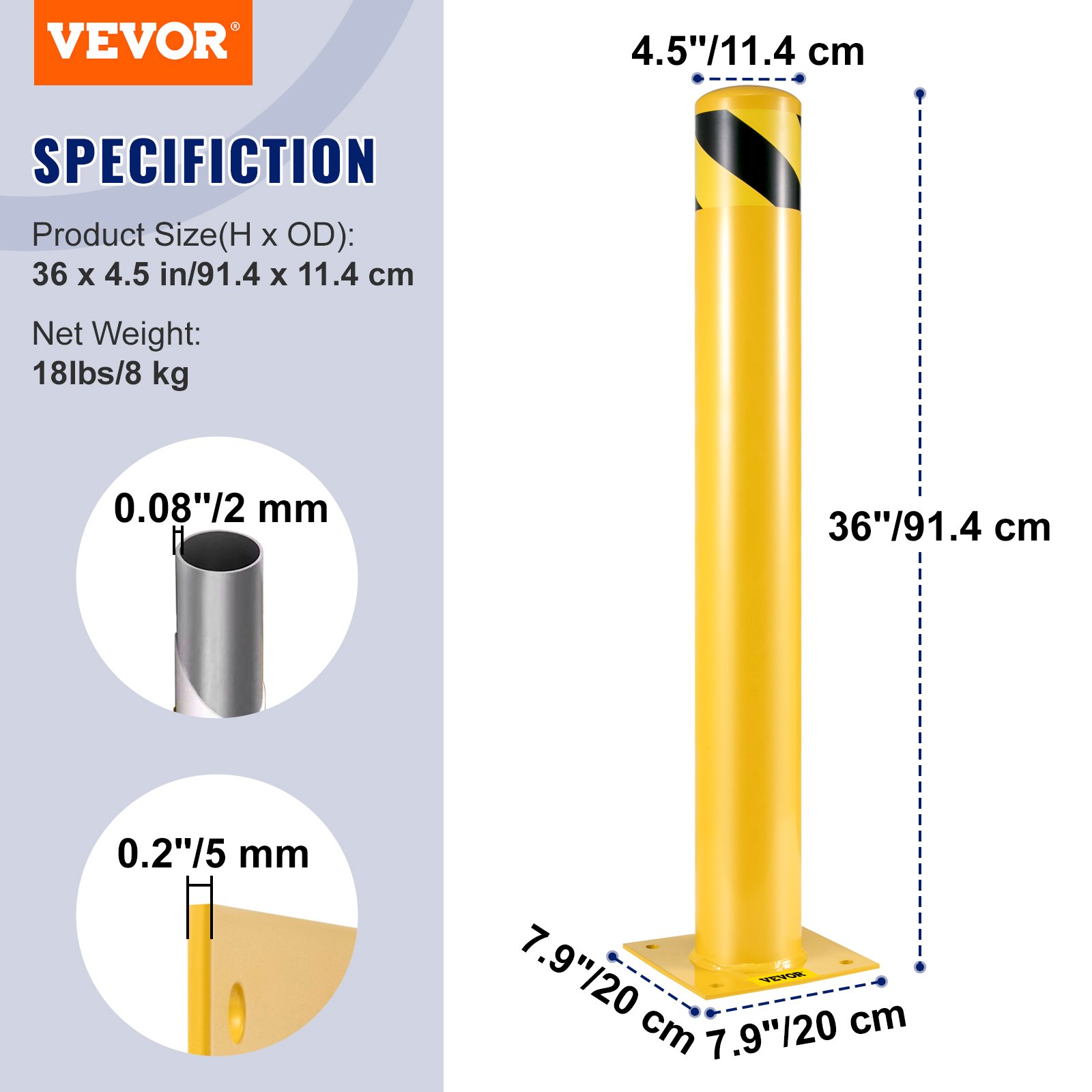 Bolardo de seguridad VEVOR, bolardo de seguridad de 4-1/2" de diámetro exterior y 36" de altura, con revestimiento de polvo amarillo, con 4 pernos de anclaje gratuitos para zonas con tráfico intenso.