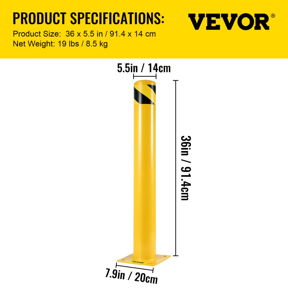 Bolardo de seguridad VEVOR de 36 x 5,5 pulgadas, diámetro exterior de 5-1/2 pulgadas, altura de 36 pulgadas, revestimiento de polvo amarillo, con 4 pernos de anclaje gratuitos para zonas con tráfico intenso.
