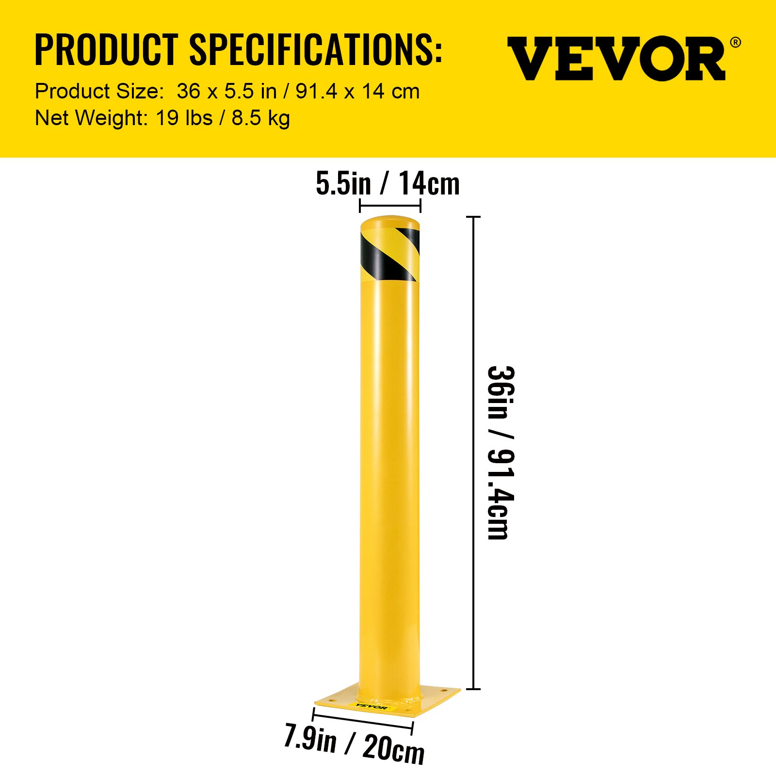 Bolardo de seguridad VEVOR de 36 x 5,5 pulgadas, diámetro exterior de 5-1/2 pulgadas, altura de 36 pulgadas, revestimiento de polvo amarillo, con 4 pernos de anclaje gratuitos para zonas con tráfico intenso.