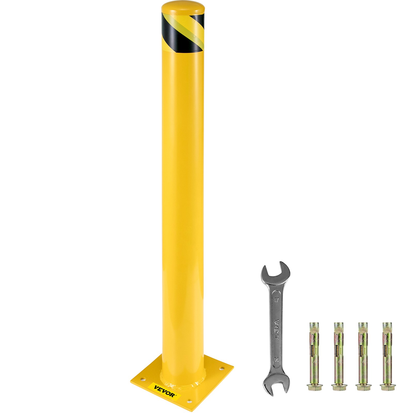 Bolardo de seguridad VEVOR de 36 x 5,5 pulgadas, diámetro exterior de 5-1/2 pulgadas, altura de 36 pulgadas, revestimiento de polvo amarillo, con 4 pernos de anclaje gratuitos para zonas con tráfico intenso.
