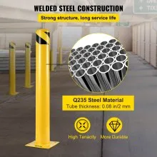 VEVOR 42-5.5 Bolardo de seguridad, 5-1/2" OD Bolardo de barrera de seguridad, 42" de altura Barrera de seguridad de acero para tubería con recubrimiento de polvo amarillo, con 4 pernos de anclaje libres, para áreas sensibles al tráfico