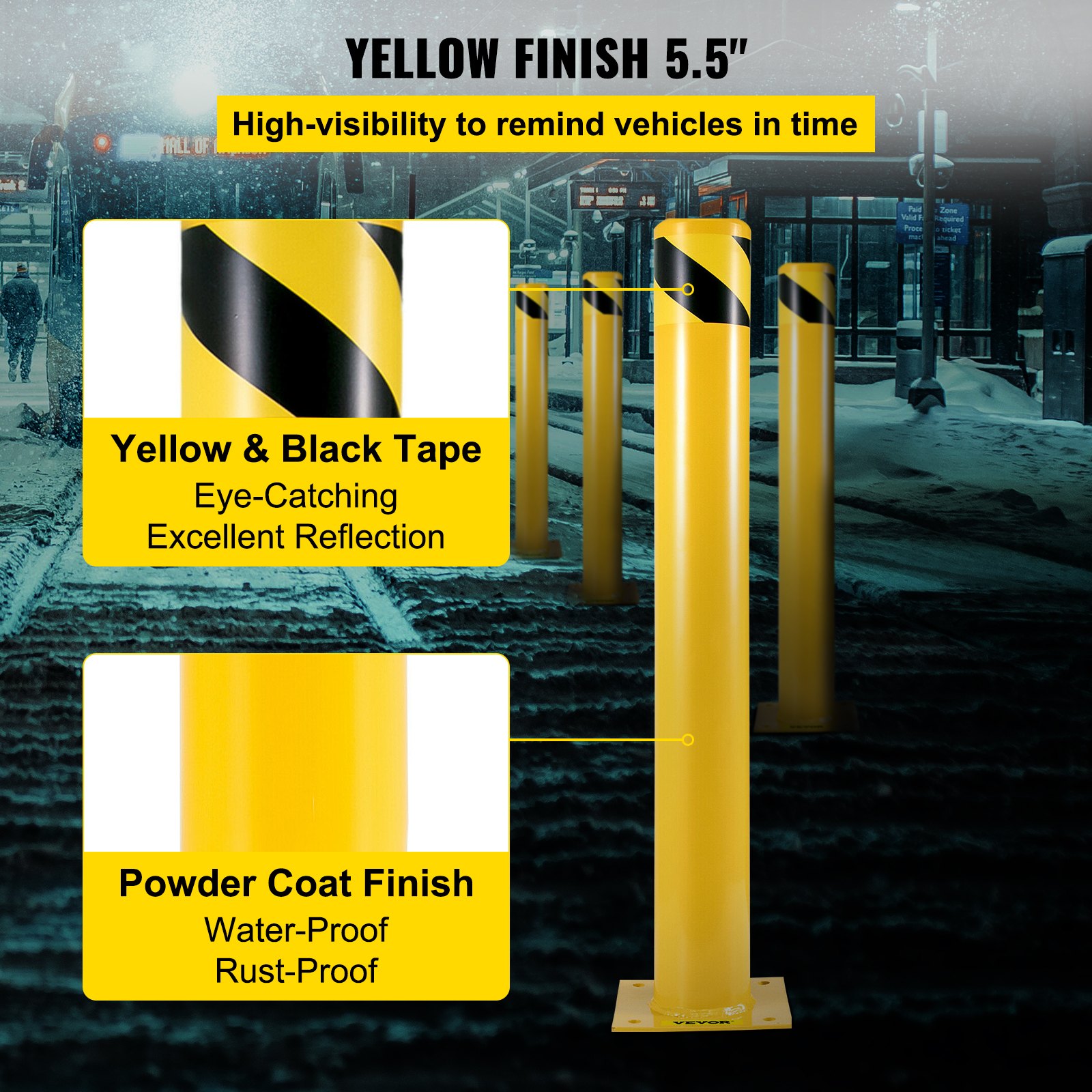 Bolardo de seguridad VEVOR amarillo con cinta negra reflectante para alta visibilidad y acabado a prueba de óxido.