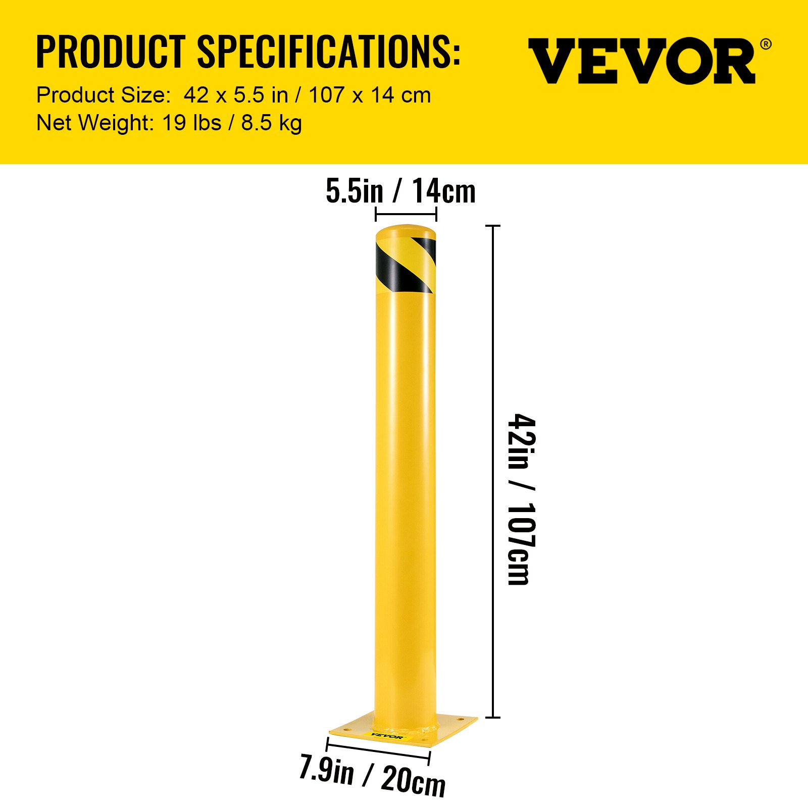 Bolardo de seguridad VEVOR amarillo, 42 pulgadas de alto, 5,5 pulgadas de diámetro y 7,9 pulgadas de ancho de base.
