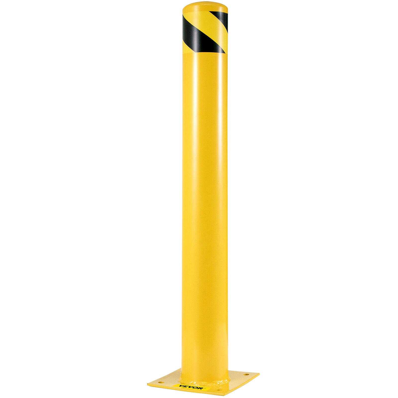 Bolardo de seguridad VEVOR amarillo con rayas diagonales negras y placa base.