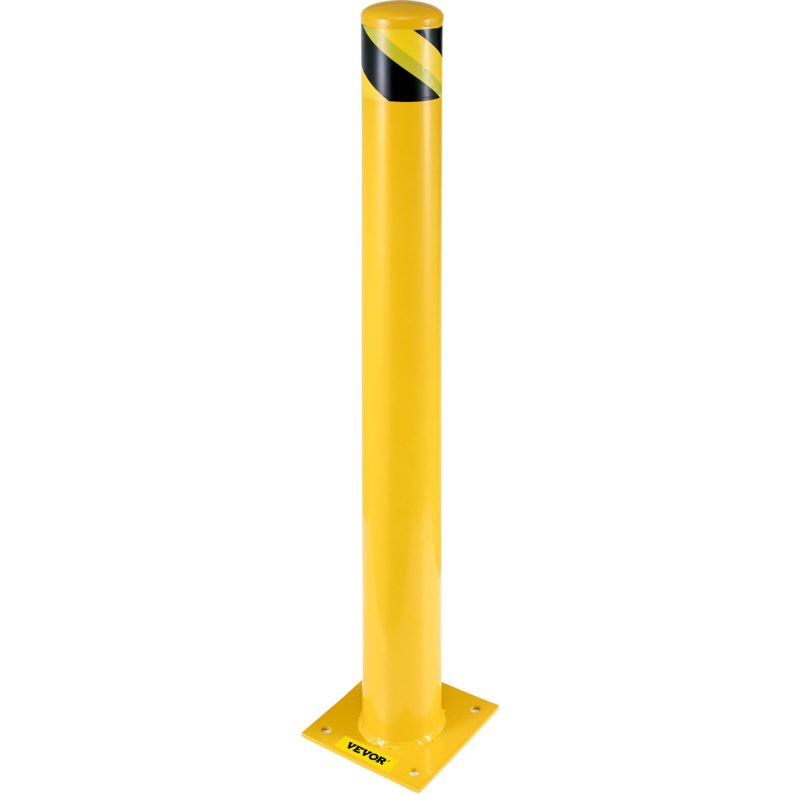 Bolardo de seguridad VEVOR de color amarillo con parte superior a rayas negras y amarillas.