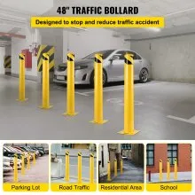 Bolardo de seguridad VEVOR 48-5.5, bolardo de barrera de seguridad de 5-1/2 pulgadas de diámetro exterior de 48 pulgadas de altura, barrera de seguridad de acero con revestimiento de polvo amarillo, con 4 pernos de anclaje libres, para áreas sensibles al tráfico
