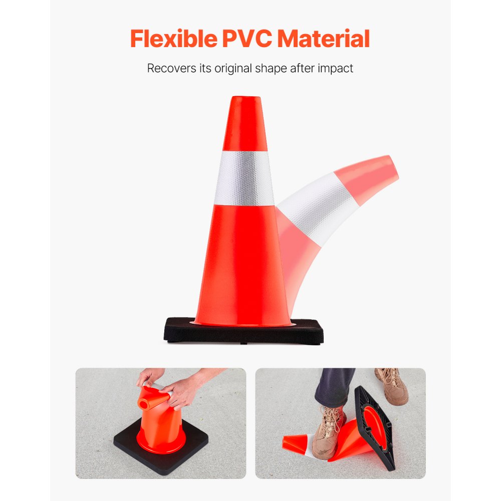Conos de seguridad VEVOR, 45 cm de altura, 5 unidades, PVC naranja, con collar reflectante y base negra con peso, para control de tráfico, estacionamiento en entradas y mejora de escuelas.