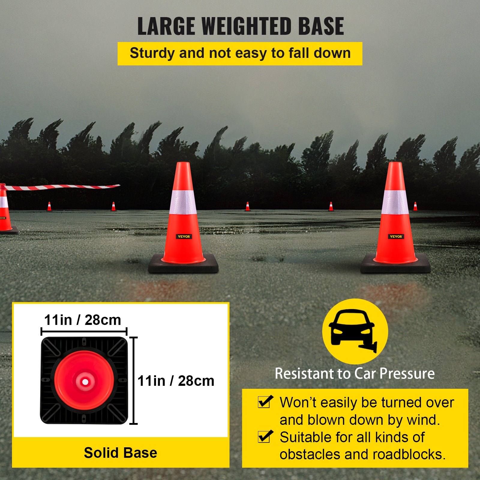 Conos de seguridad VEVOR con bases grandes con peso, 11 pulgadas/28 cm, resistentes y resistentes al viento.
