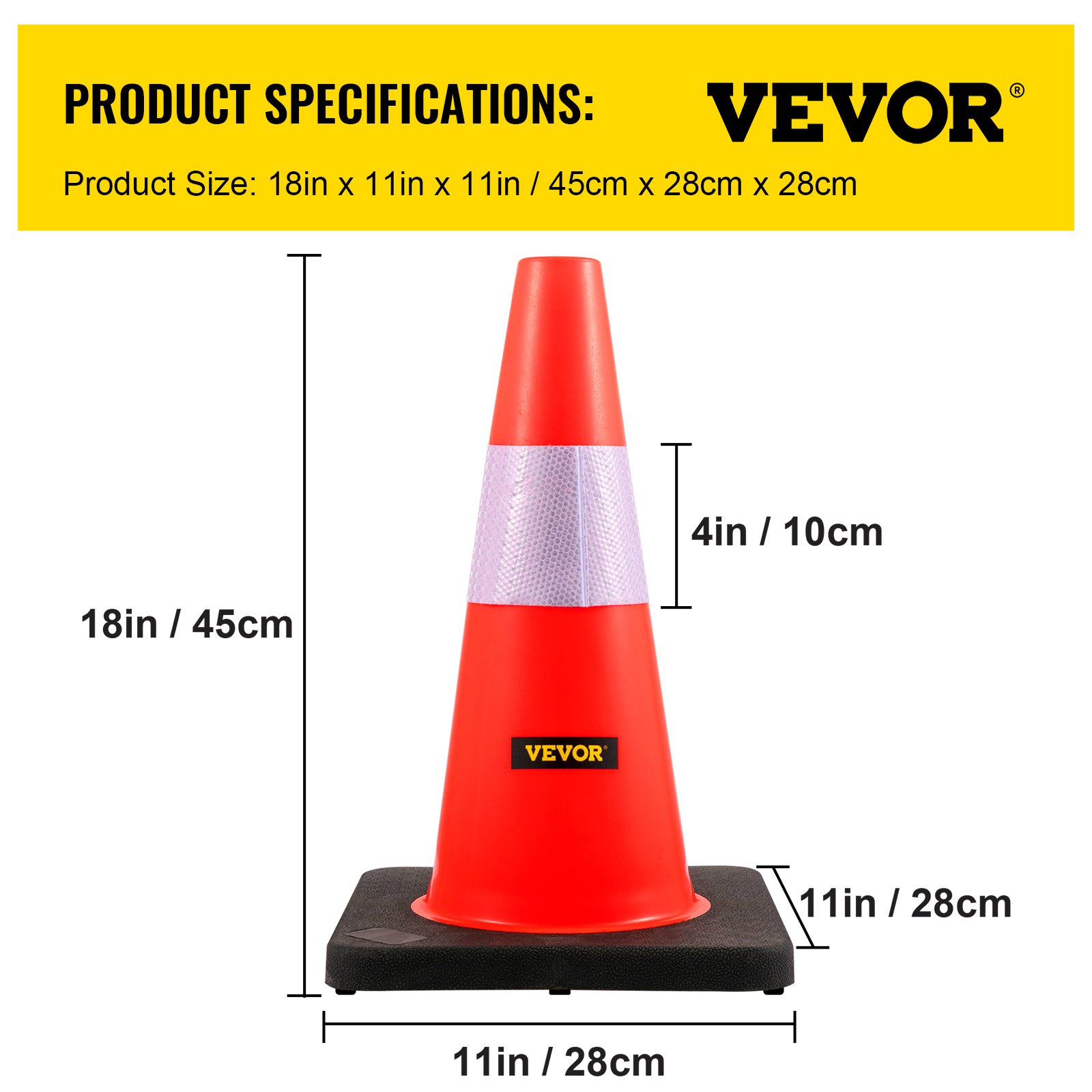 Especificaciones de los conos de seguridad VEVOR: 18 pulgadas de alto, base de 11 pulgadas, banda reflectante de 4 pulgadas.