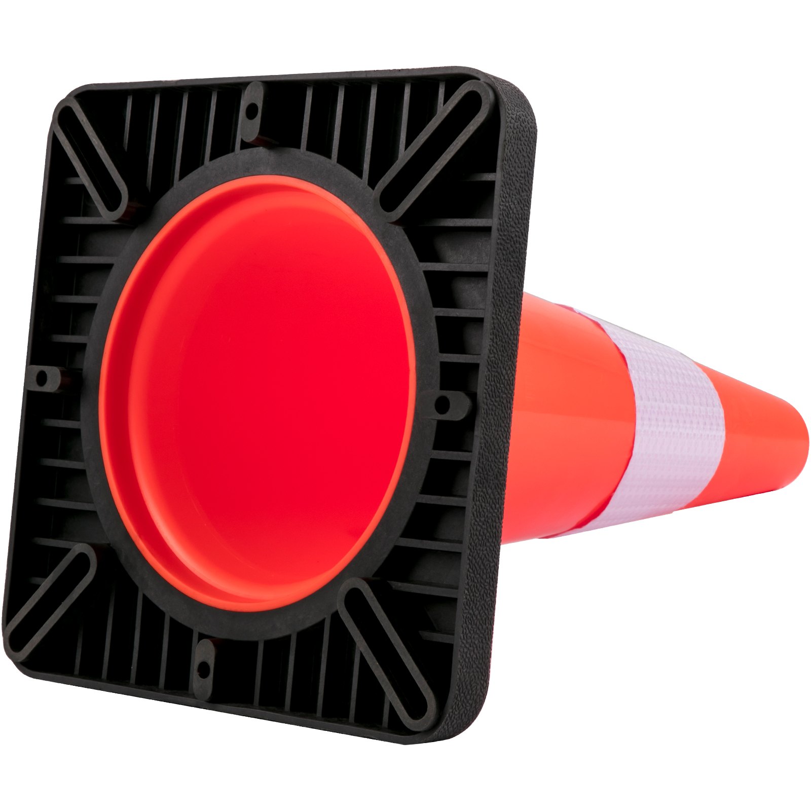 Cono de seguridad VEVOR naranja tumbado con base negra y franja blanca reflectante.