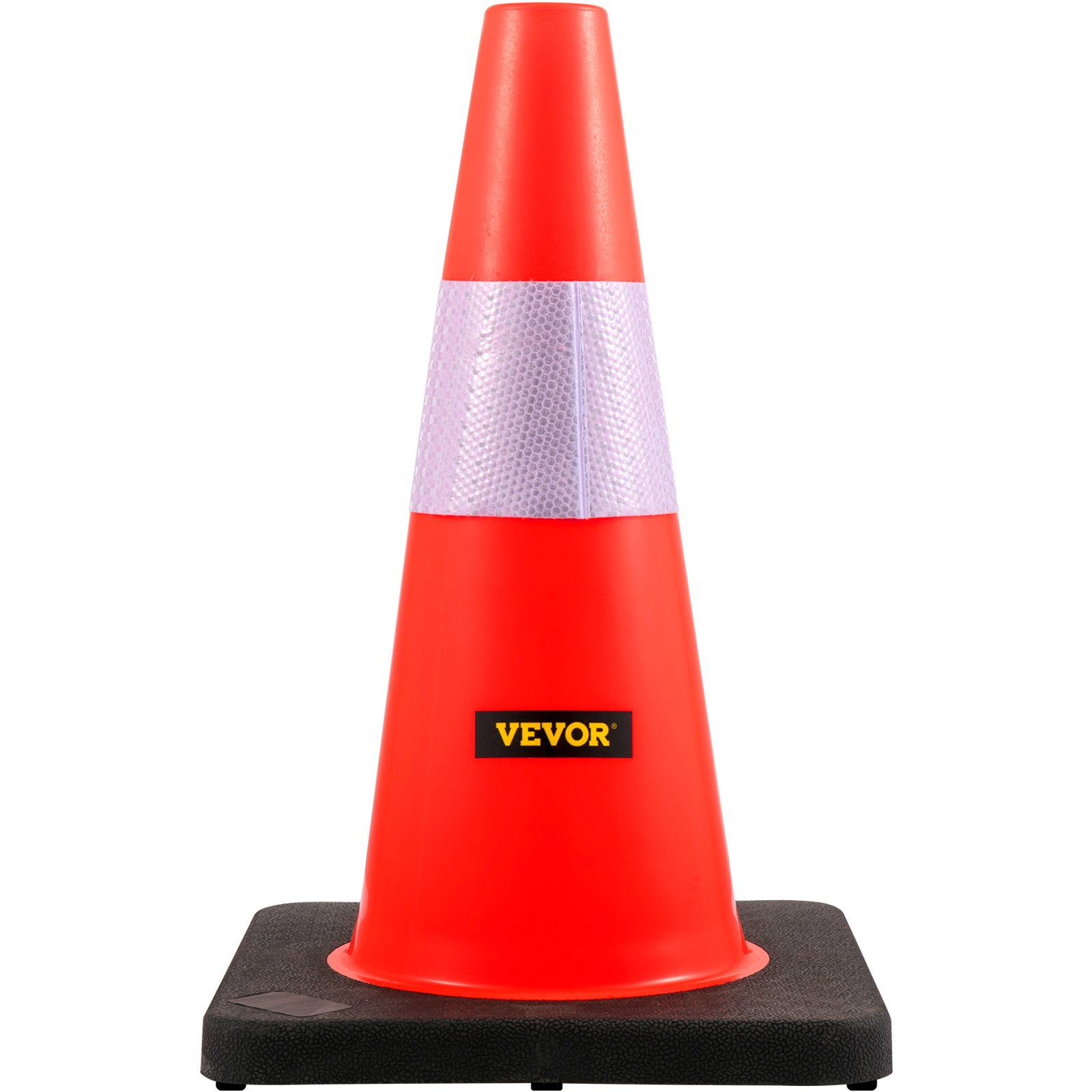 Cono de seguridad VEVOR naranja con banda reflectante sobre base negra.