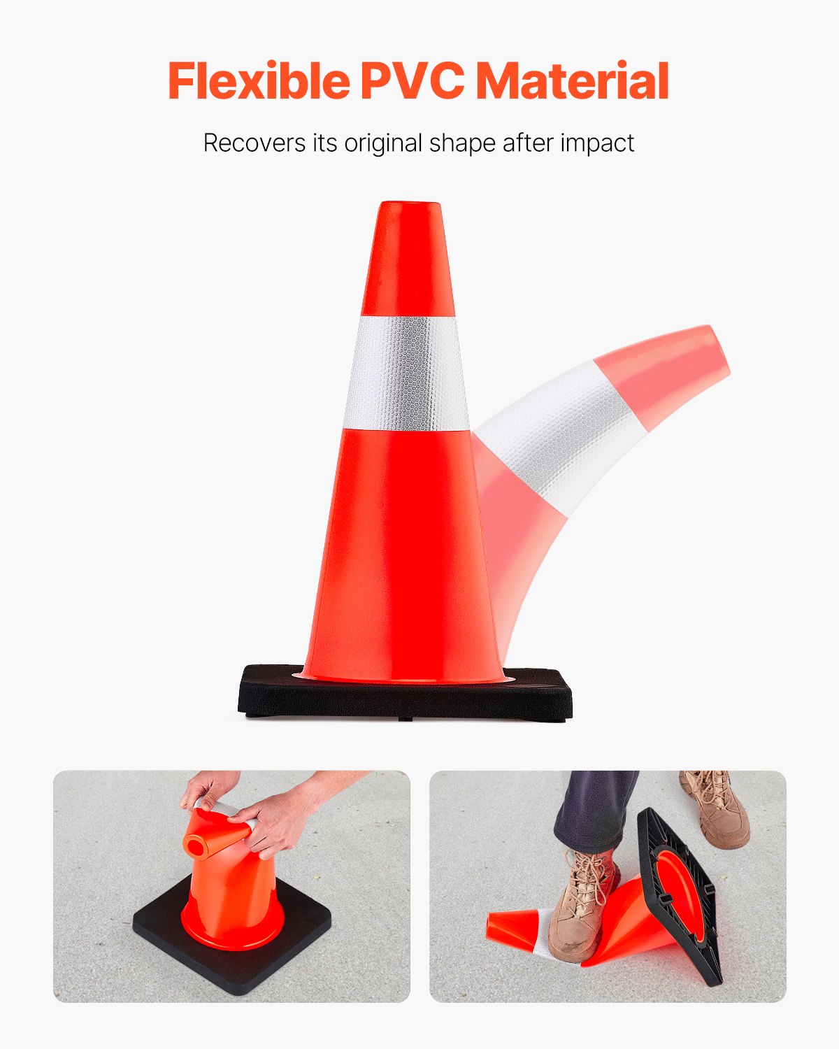 Conos de seguridad VEVOR, 45 cm de altura, 5 unidades, PVC naranja, con collar reflectante y base negra con peso, para control de tráfico, estacionamiento en entradas y mejora de escuelas.