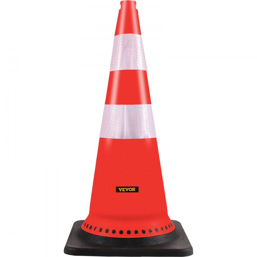 Cono de seguridad VEVOR rojo con bandas reflectantes y base negra.