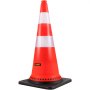 Conos de seguridad VEVOR de color naranja y rayas reflectantes blancas sobre base negra.