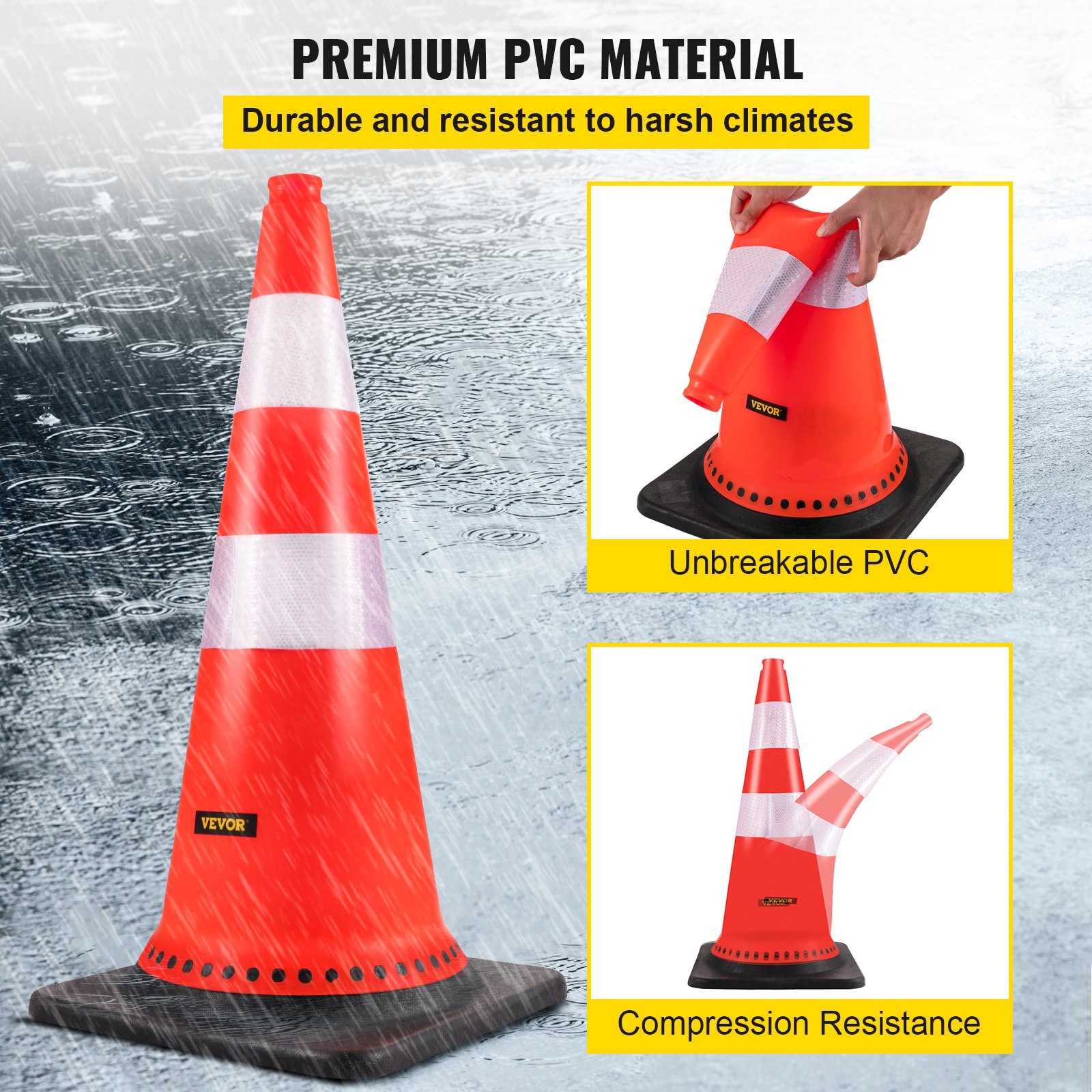 Conos de seguridad VEVOR fabricados en PVC duradero, irrompibles y resistentes a la compresión.