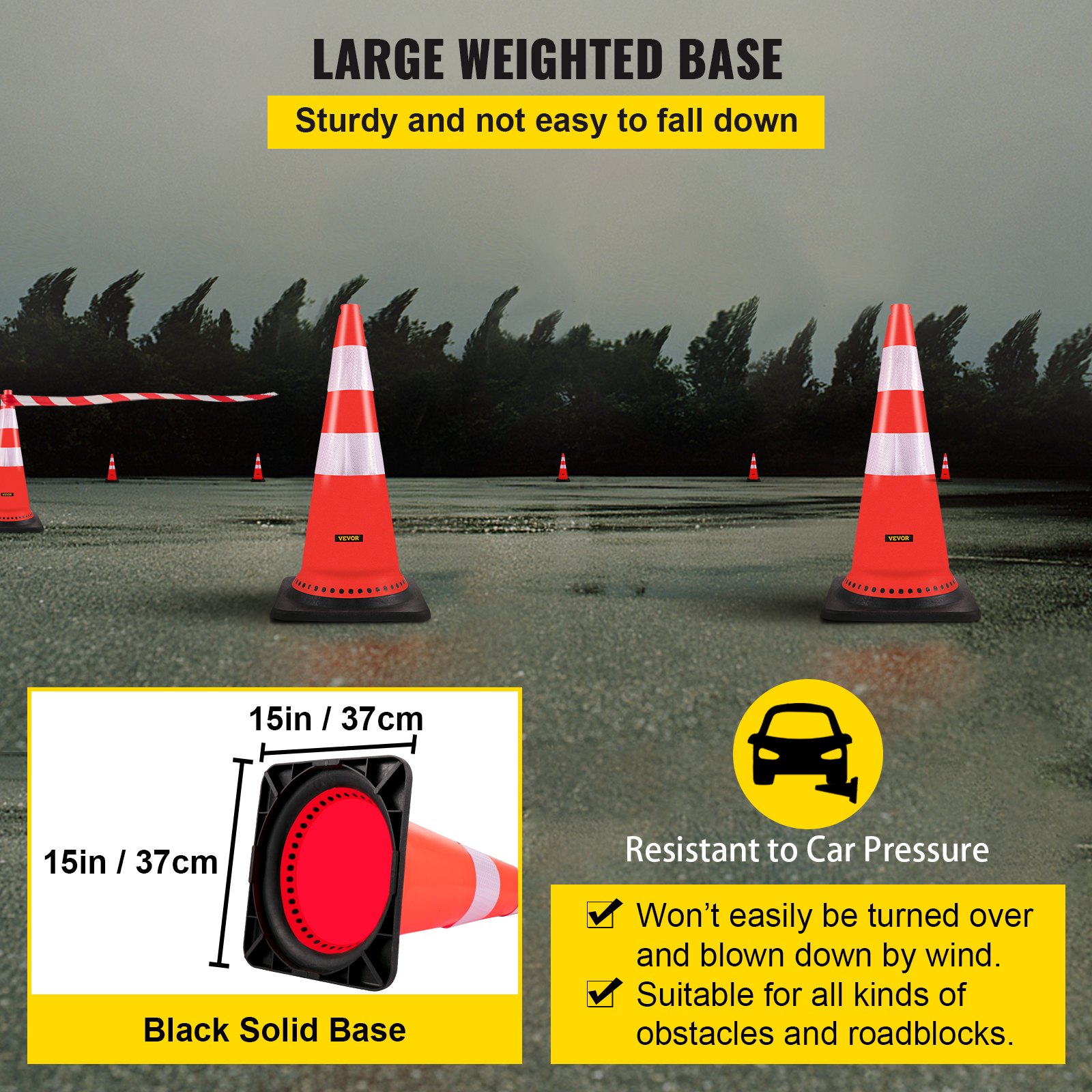 Conos de seguridad VEVOR con gran base lastrada y alta visibilidad para seguridad vial.