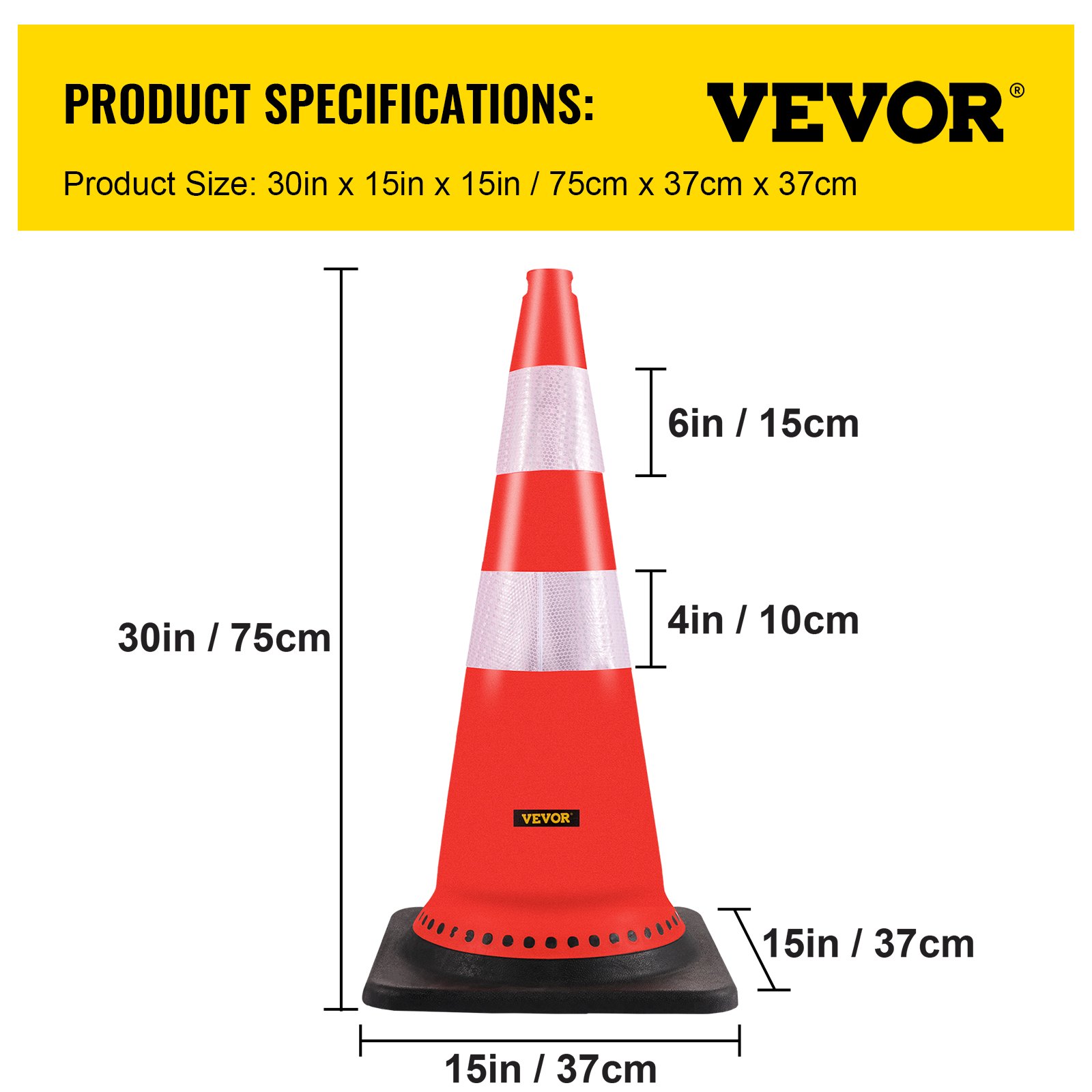 Conos de seguridad VEVOR con bandas reflectantes, 30 pulgadas de altura, base de 15 pulgadas, color rojo.