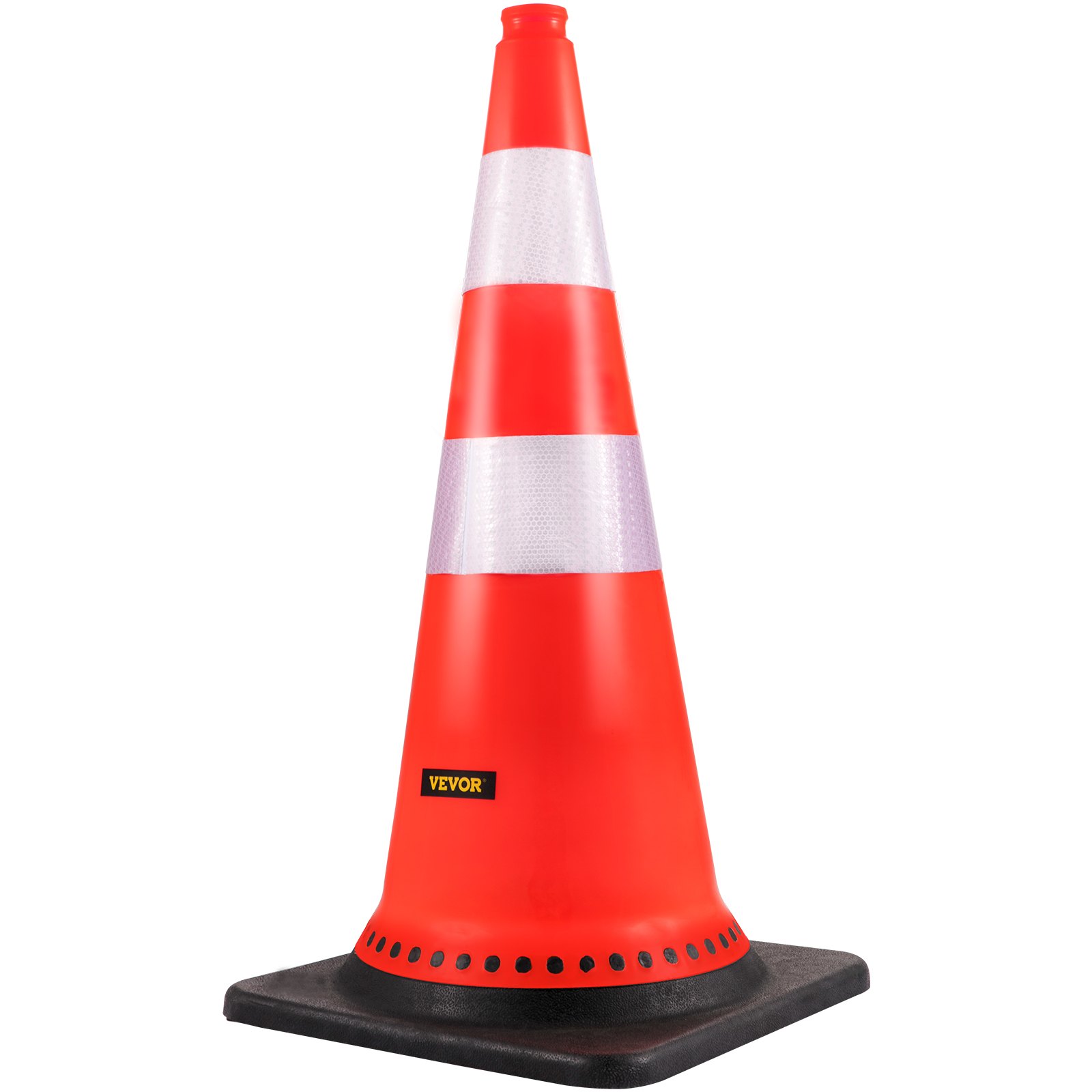 Conos de seguridad VEVOR de color naranja y rayas reflectantes blancas sobre base negra.