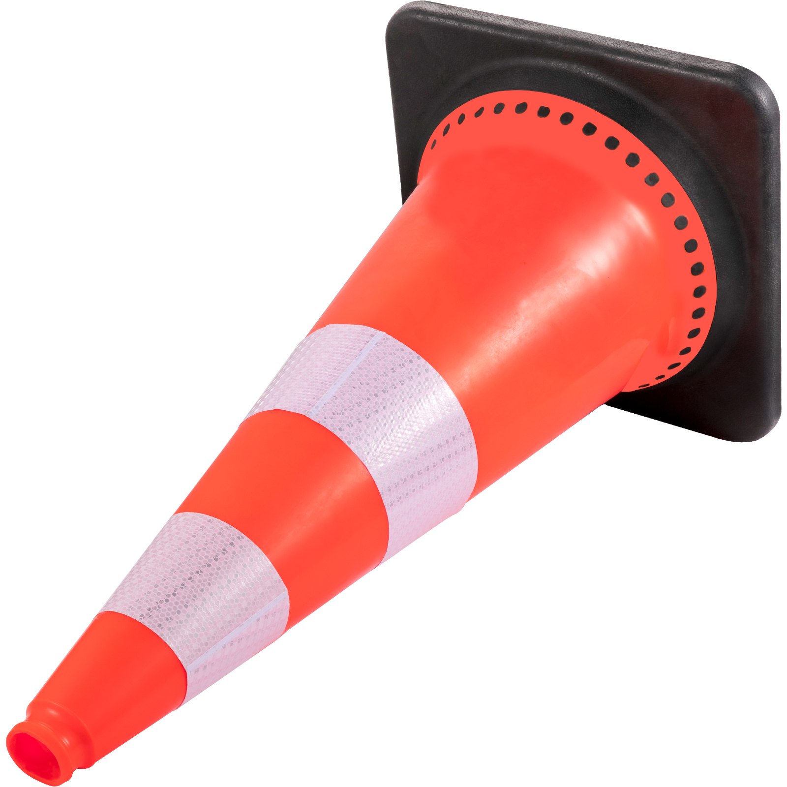 Cono de seguridad VEVOR naranja con bandas reflectantes y base negra, colocado de lado.